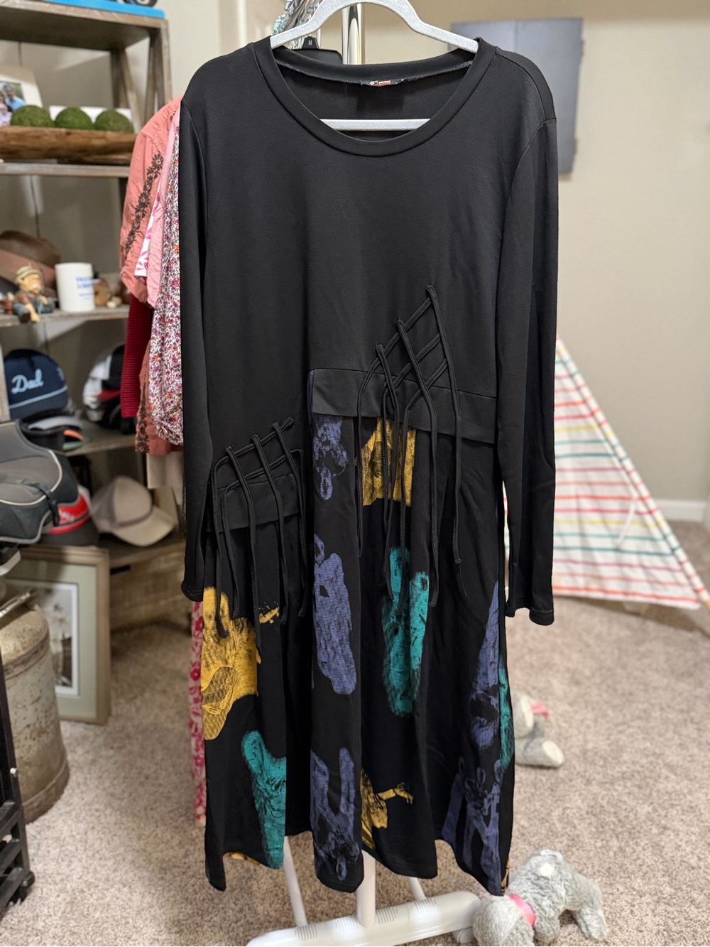 Black Long-Sleeve Fringe Dress with Multicolor Brushstroke Accents